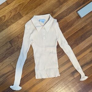 Hill House Cream Ribbed Long Sleeve Collared Top